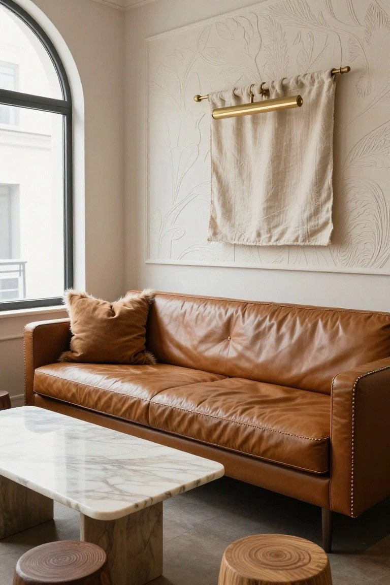 Tan leather tufted sofa with brown suede pillow in a white room featuring textured walls, arched black window, beige linen curtain on brass rod, white marble coffee table, and two tree trunk stools.