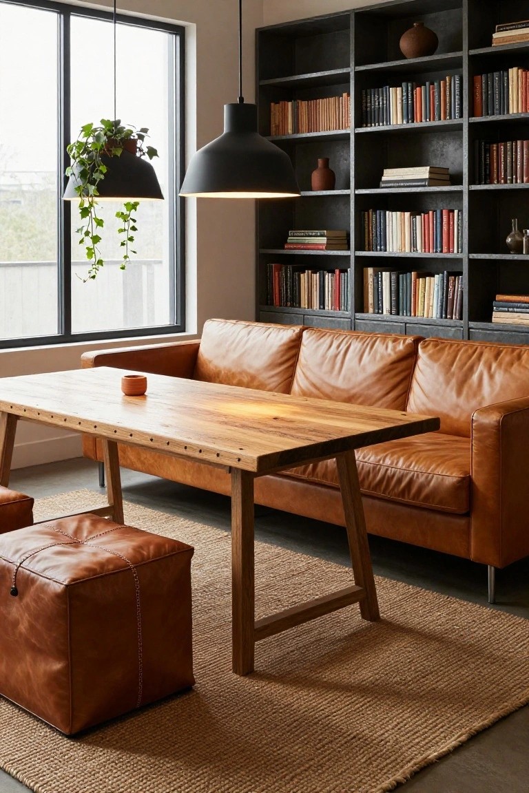 Tan leather three-seater sofa in a modern room with black metal bookshelves full of books, a rectangular wooden coffee table with peg accents, a small terracotta cup on the table, leather pouf, pendant lights, and potted ivy near large windows.