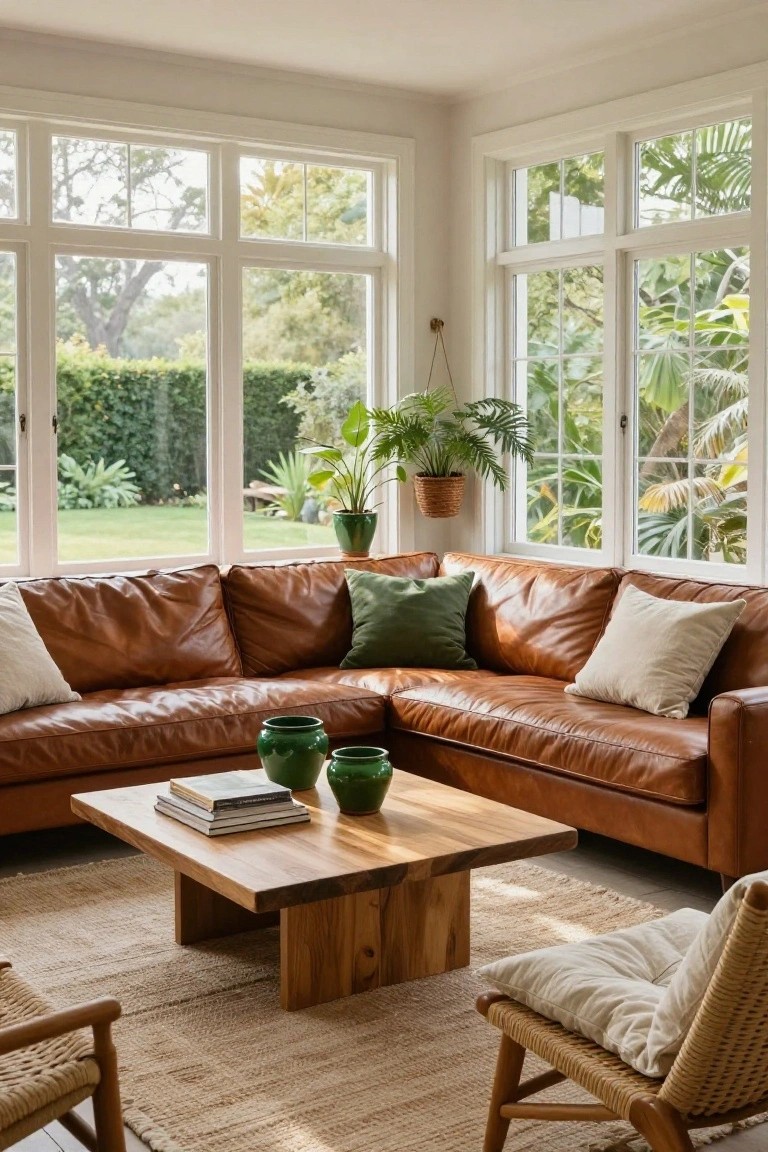 Bright corner living room with tan leather L-shaped sofa, wooden coffee table holding books and green ceramic vases, potted plants near large garden-view windows, rattan chairs, and seagrass rug.
