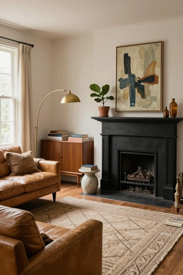 Living room with tan leather sofa facing black fireplace mantel, wooden credenza with books beside it, gold arc lamp, potted fiddle leaf fig plant, and abstract wall art.