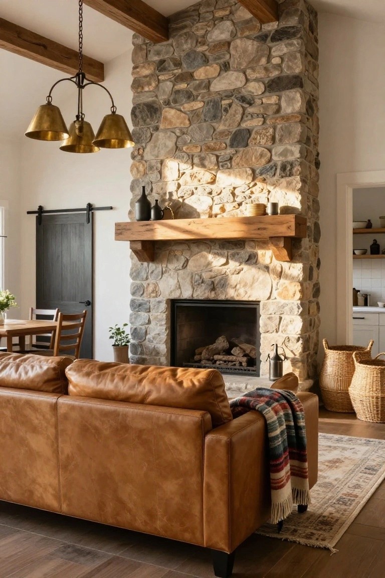 Living room with tan leather sofa facing tall stone fireplace with wooden mantel, brass pendant light overhead, exposed beams, barn door, wooden floors, and adjacent dining area.