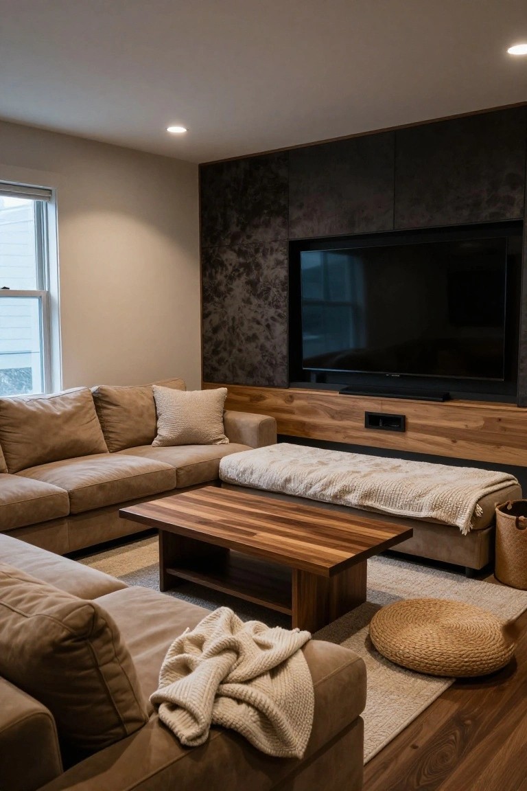 Corner living room with tan L-shaped leather sofa, wooden coffee table, built-in wood media shelf with mounted TV on dark textured wall, beige blankets, rattan pouf, and hardwood floor.