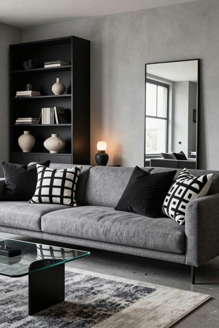 Gray three-seater sofa with black velvet pillows and black-and-white grid and geometric patterned pillows in a modern living room with gray walls, black bookshelf, full-length mirror, black lamp, and glass coffee table on a gray rug.