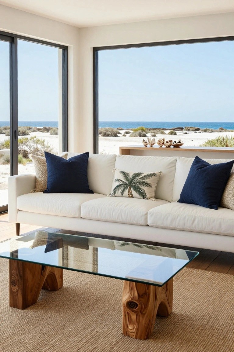 White three-seater sofa with two large navy pillows on the ends, a central palm leaf patterned pillow, textured accent pillows, and a glass-top wooden coffee table in a modern living room with large windows overlooking a beach and ocean.