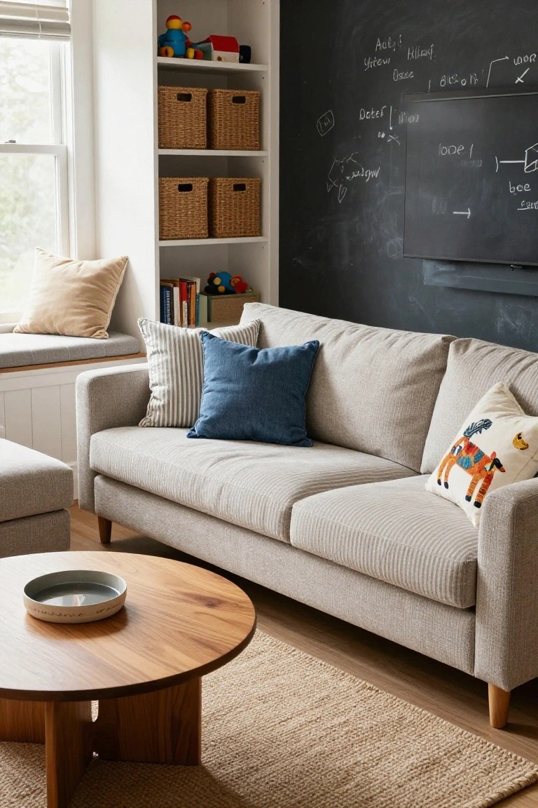 Gray three-seater sofa with striped, navy blue, and white embroidered animal pillows, next to a wooden coffee table in a room with bookshelves, toys, and chalkboard wall.