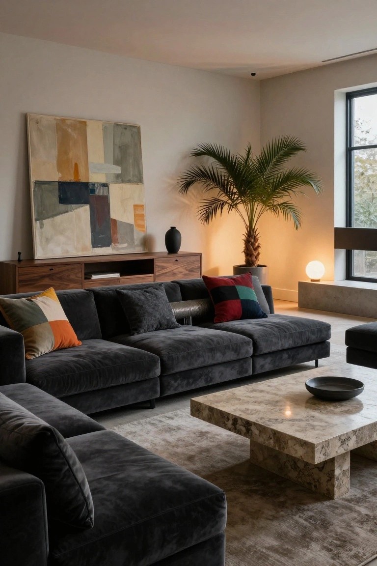 Modern living room with dark gray velvet modular sofa piled with colorful patterned pillows, wooden media cabinet, abstract painting on wall, potted palm tree, travertine coffee table, and large window.