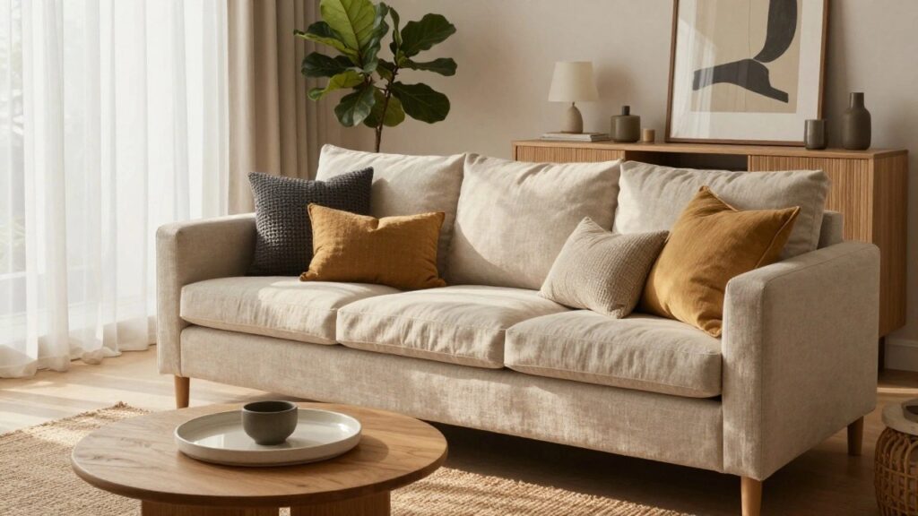 Cream linen slipcovered three-seater sofa with gray knit pillow, mustard yellow knit pillow, and white throw on the arm, in a corner living room with wooden sideboard, fiddle leaf fig plant, and oak coffee table.