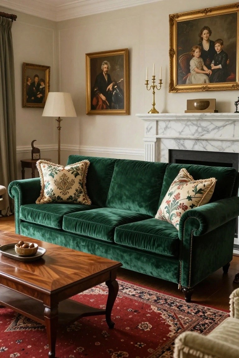 Green velvet three-seater sofa with large cream fringed pillows featuring embroidered green floral patterns, in a living room with marble fireplace, wooden coffee table, and framed oil paintings on walls.