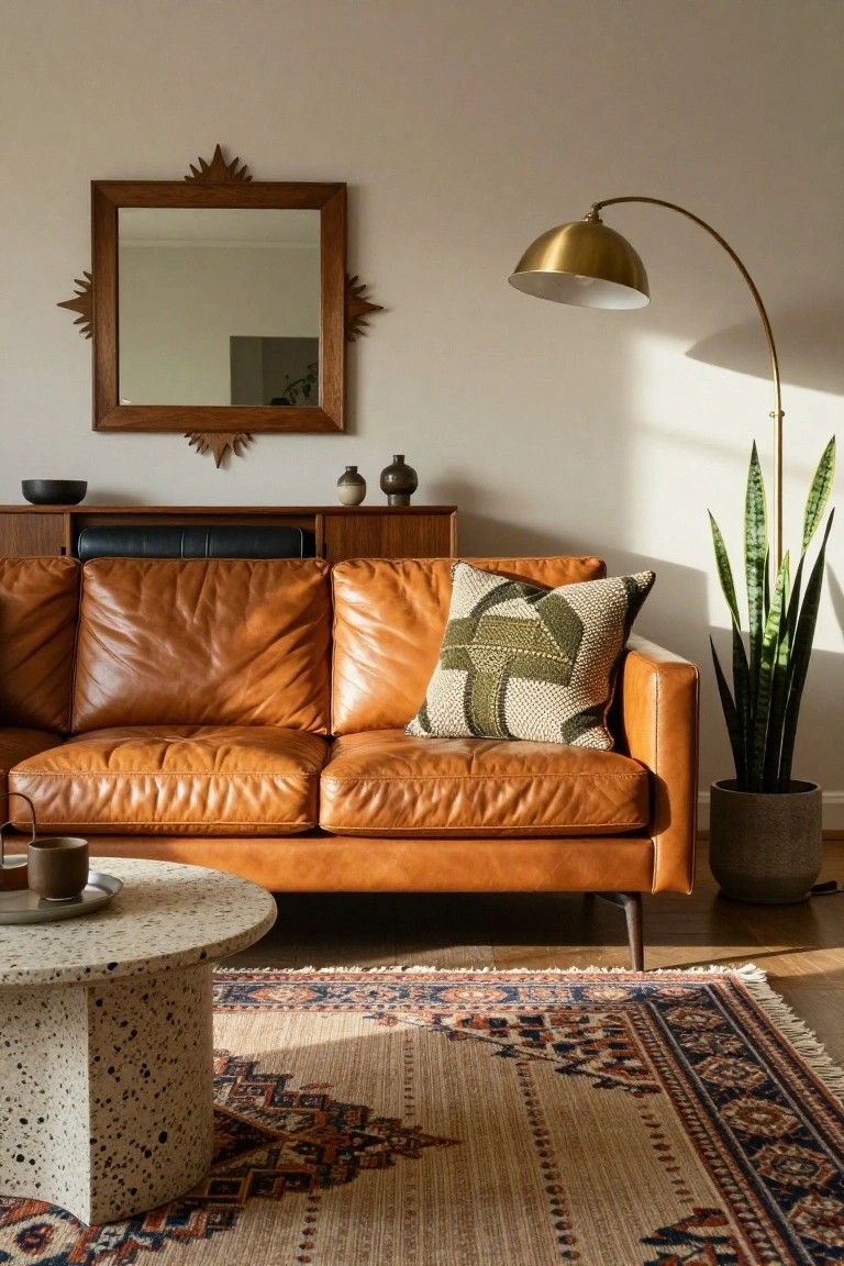 Tan leather three-seater sofa with a large green and white geometric patterned pillow, next to a white terrazzo coffee table on a colorful Persian rug in a living room with wooden credenza, arched mirror, floor lamp, and potted snake plant.