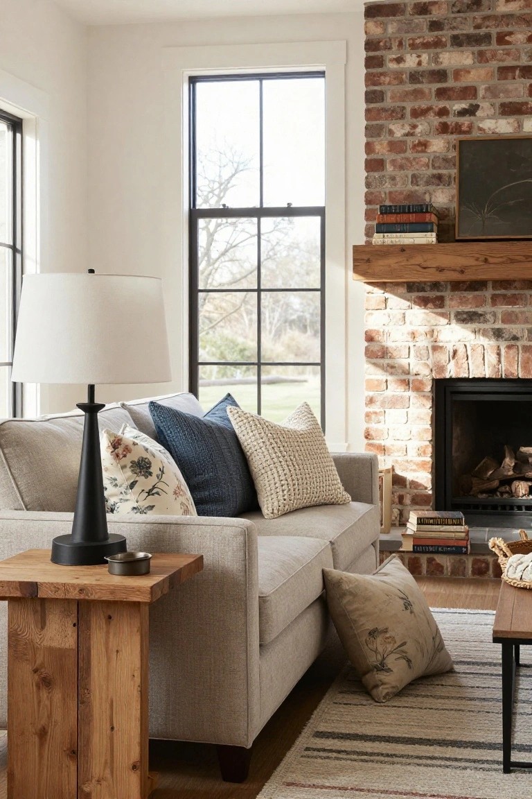 Light gray three-seater sofa with navy blue, white textured, and floral pillows in a cozy room featuring a brick fireplace, wooden side table with black lamp, and large window.