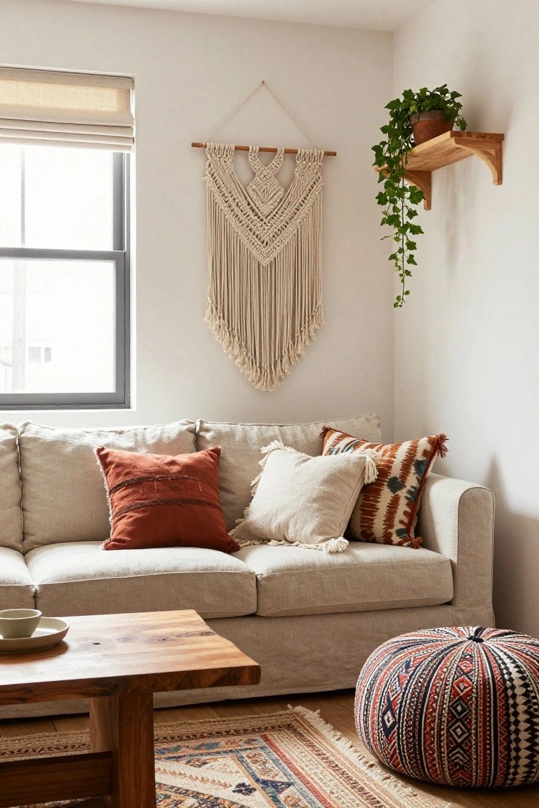 Beige three-seater sofa with stacked cream, terracotta, and striped patterned pillows, beside a wooden coffee table, colorful pouf, and patterned rug in a bright room with window, macrame hanging, and potted plant.