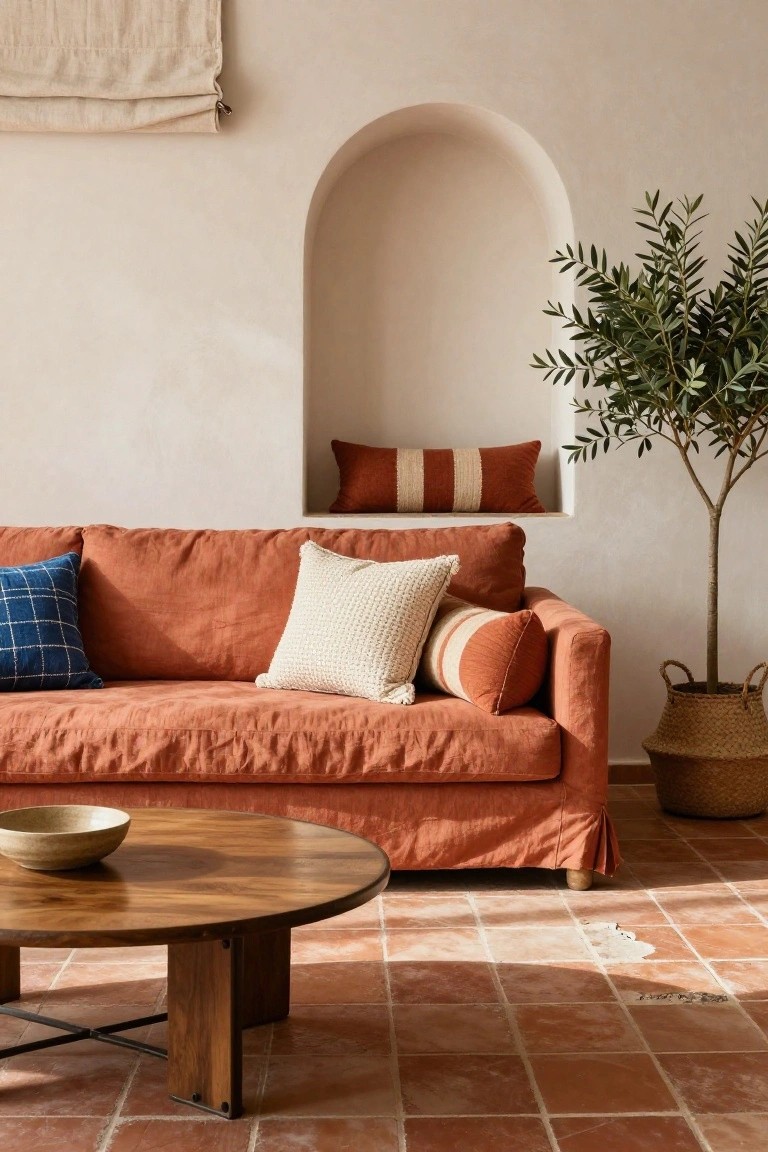 Terracotta linen three-seater sofa with blue checkered pillow, white knit pillow, orange striped pillows, and rust lumbar pillow in a beige-walled room with arched niche, olive tree in basket, wood coffee table, and terracotta tile floor.