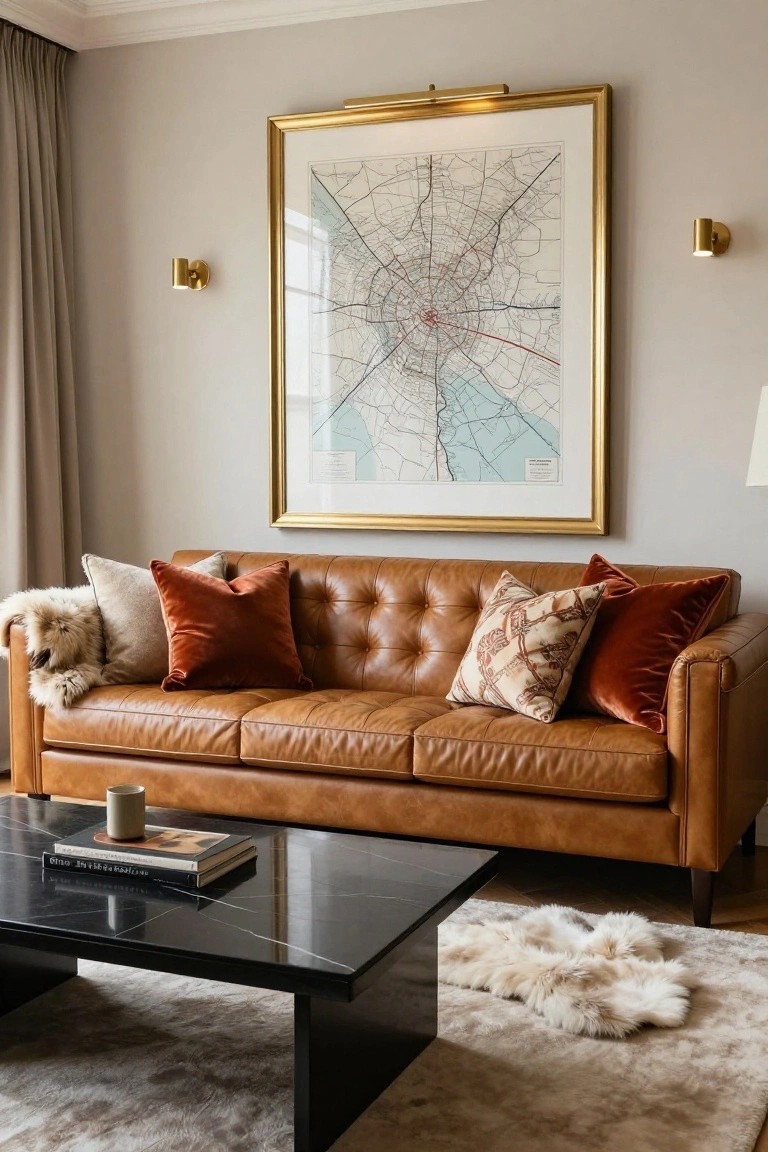 Tan leather tufted three-seater sofa with layered pillows in rust velvet, patterned cream fabric, and neutral tones, plus a fluffy white fur throw on the arm, in front of a black marble coffee table on a light rug in a beige room with a large framed map on the wall.