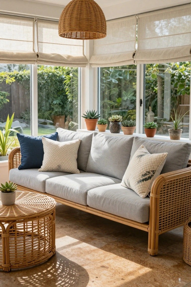 Three-seater rattan sofa with light gray cushions and pillows in navy, cream textured fabric, and patterned designs, in a sunroom with large windows, plants, and a woven side table.