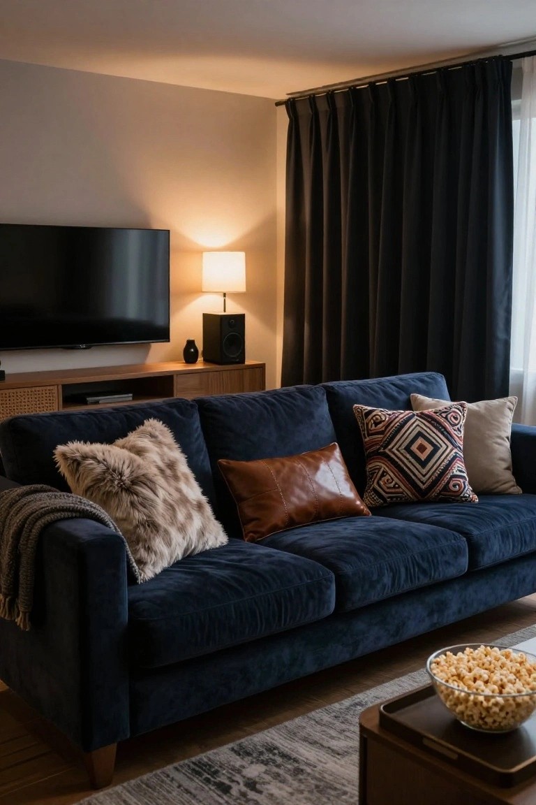 Navy blue velvet three-seater sofa with pillows in fluffy light fur, brown leather, geometric patterned fabric, and cream cushions, next to a wooden media console, lamp, and popcorn bowl on a tray in a living room.