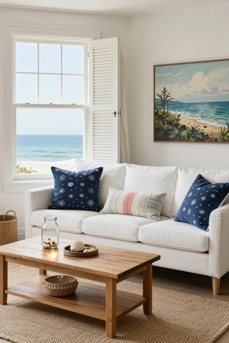 White three-seater sofa with navy pillows embroidered with starfish designs, a striped lumbar pillow, wooden coffee table, and ocean view through window in a bright room.