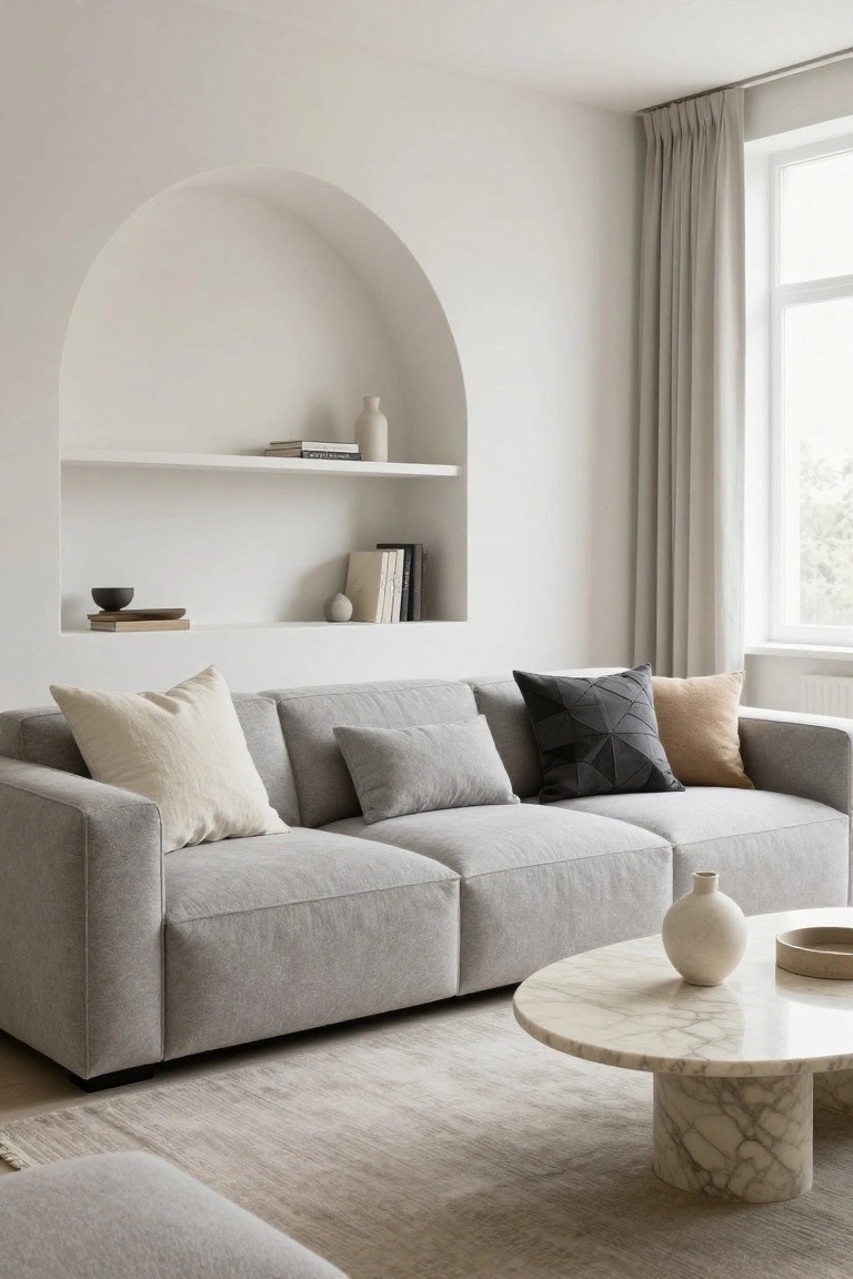 Light gray three-seater sofa with cream, gray, black geometric-patterned, and beige pillows in a white-walled living room featuring an arched niche shelf, marble coffee table, and sheer curtains over a window.
