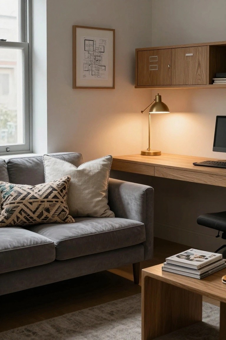 Gray three-seater sofa with patterned pillow, white pillow, and neutral cushions in a room with wooden desk, adjustable lamp, and wall cabinet.