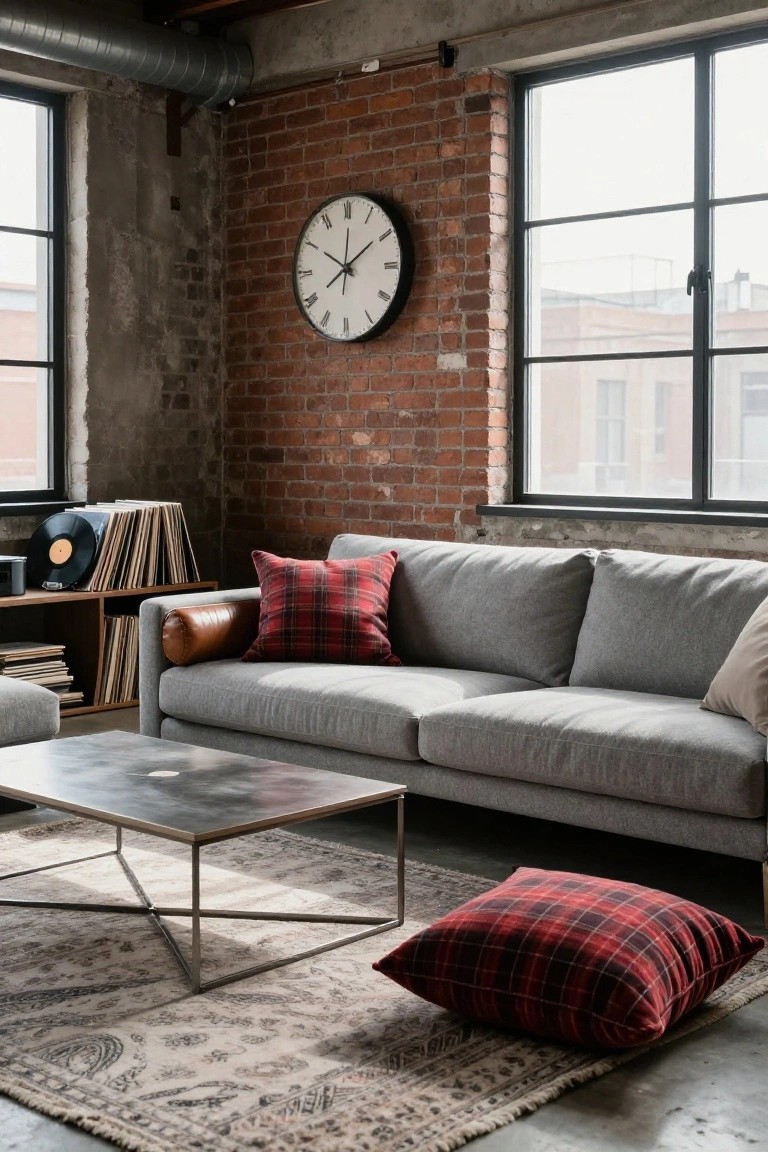 Gray three-seater sofa with red plaid pillows, leather bolster pillow, and cream pillow in an industrial brick-walled living room with metal coffee table and vinyl records shelf.
