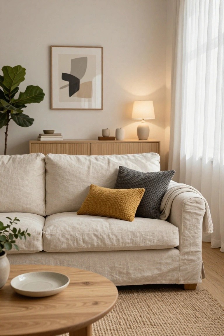 Cream linen slipcovered three-seater sofa with gray knit pillow, mustard yellow knit pillow, and white throw on the arm, in a corner living room with wooden sideboard, fiddle leaf fig plant, and oak coffee table.