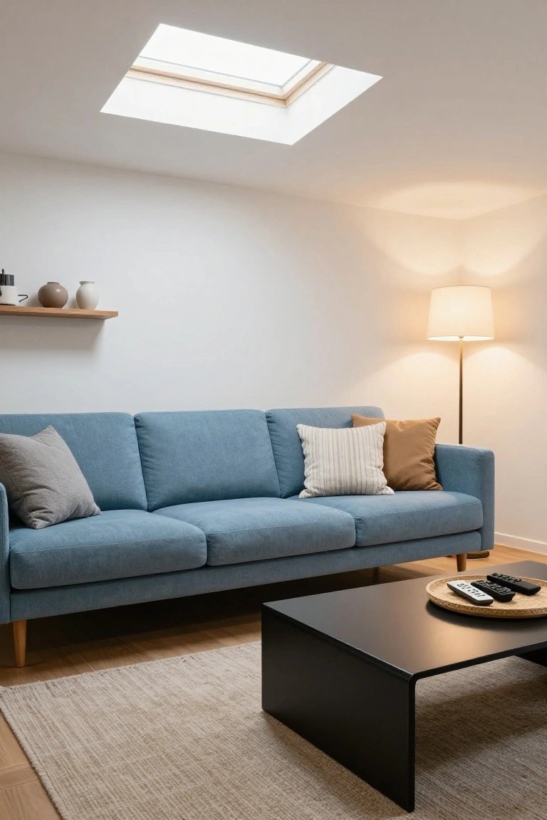 Blue three-seater fabric sofa with gray, white striped, and tan pillows, next to a black coffee table on a beige rug in a white-walled room with skylight, floor lamp, and wooden shelf holding ceramics.