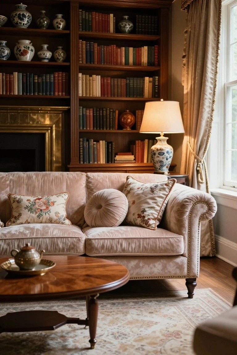 Blush pink velvet three-seater sofa with round bolsters, embroidered floral pillows, low round wood table holding a teapot, in a wood-paneled room with bookshelves, fireplace, and lamp.