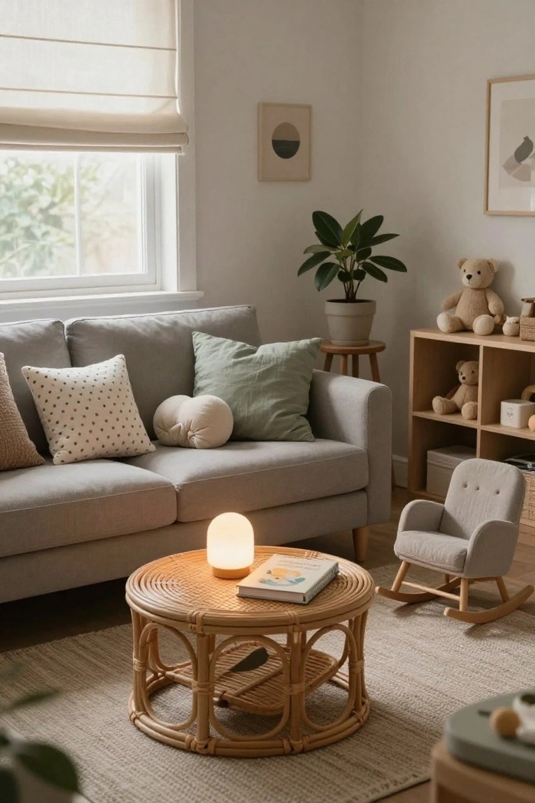 Light gray three-seater sofa with assorted pillows including polka dot, round cream, and green rectangular ones, next to a rattan coffee table with a lamp and book in a room with plants, toys, and a rocking chair.