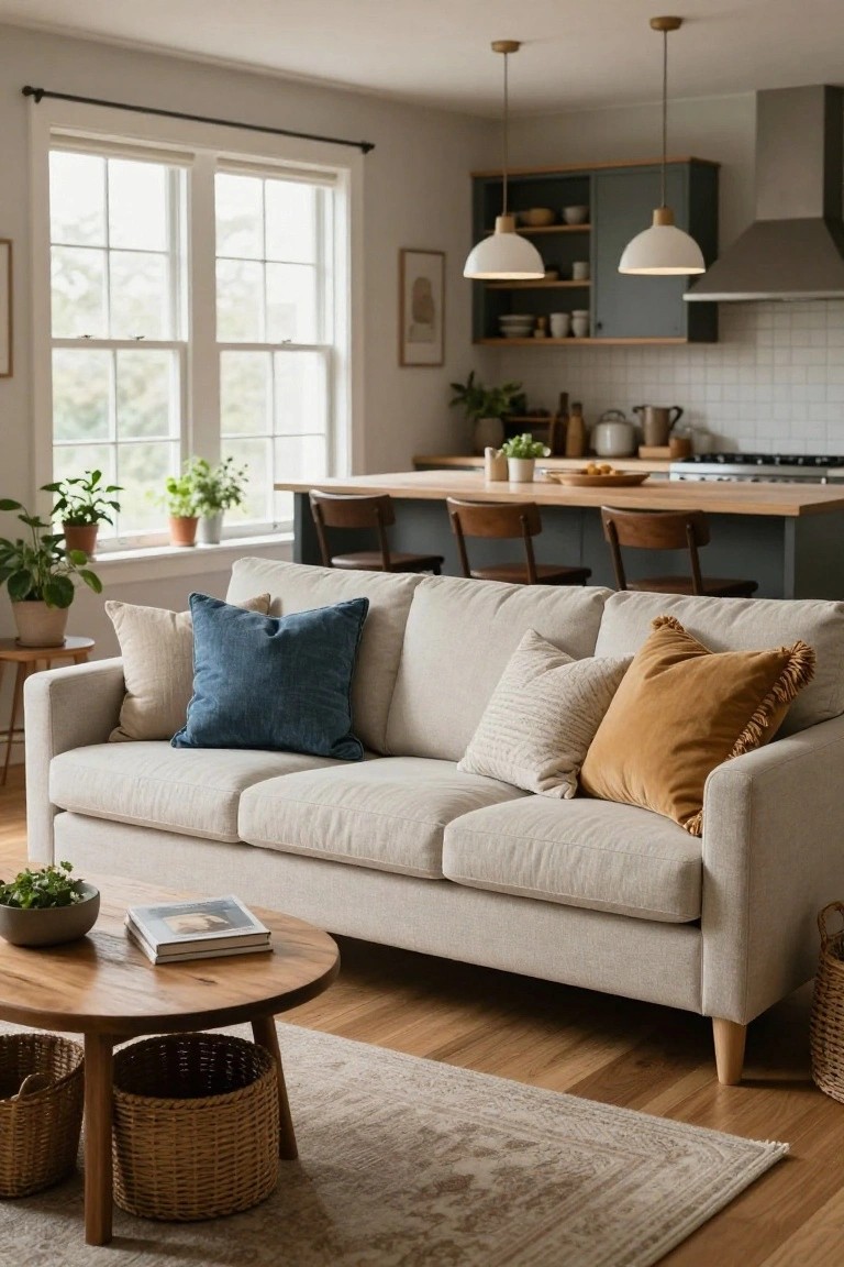 Light beige three-seater sofa with assorted pillows in blue, cream, white, and mustard velvet, positioned in a living room adjacent to a kitchen with wooden stools and plants nearby.