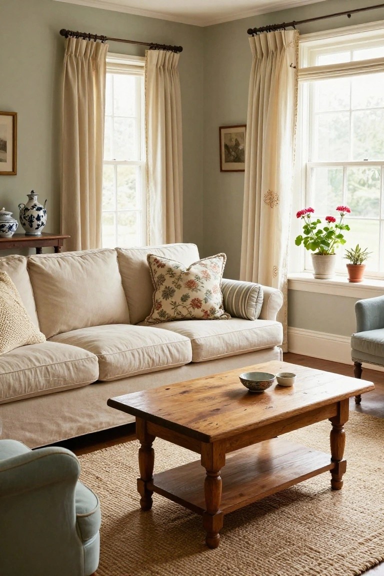 Sage green living room with cream three-seater sofa piled with white pillows, large floral pillow, and striped pillow, wooden coffee table on seagrass rug, blue chairs, houseplants, and large curtained windows.
