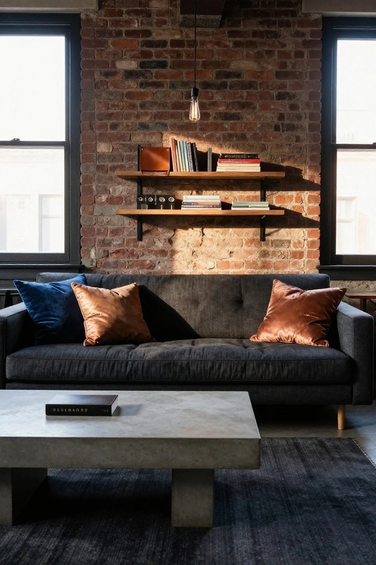 Modern living room with dark sofa, copper pillows, and brick shelves.
