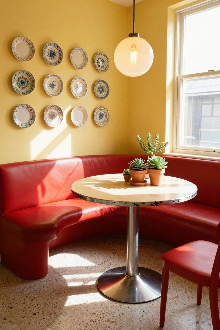 Corner booth with red leather cushions and seating around a round metal-edged table holding potted succulents, in a yellow-walled room with blue and white decorative plates hung on the wall and a large pendant light overhead.