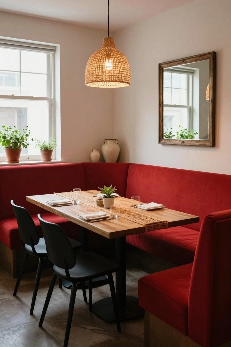 Cozy restaurant booth with red velvet seating, wooden table, woven pendant light.