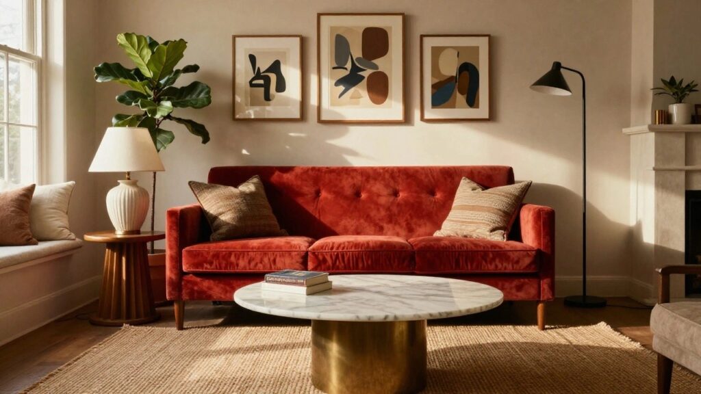 23 Vibrant Red Sofa Ideas That Make a Dramatic Statement Living room interior with red velvet tufted sofa, oval white marble coffee table on brass legs, large potted fiddle leaf fig, table lamps, neutral walls, framed art, and window with sheer shade.