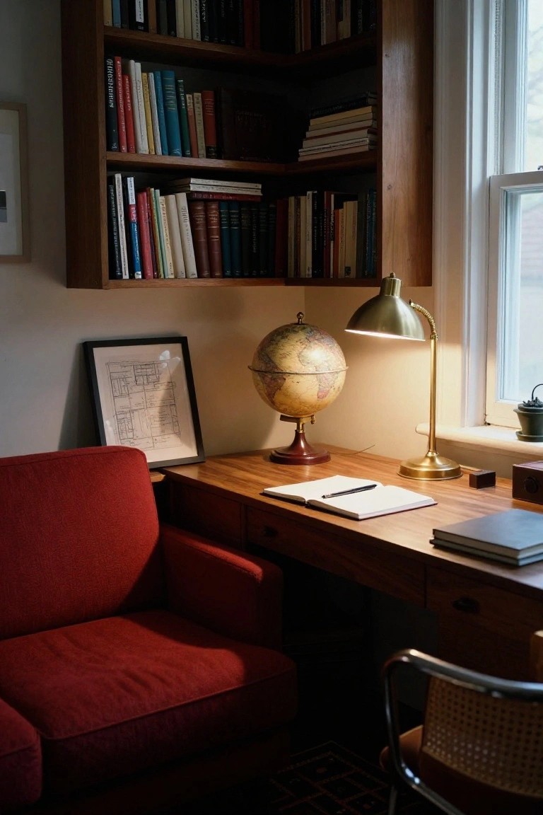 Home office interior with wooden bookshelves full of books, a globe on a wooden base, brass desk lamp over an open notebook on a wooden desk, framed blueprint on wall, and red armchair next to a cane chair.
