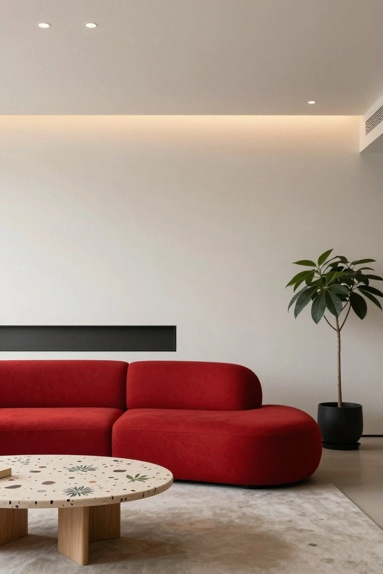 Modern living room with bright red curved sofa, round terrazzo coffee table on wooden legs, potted ficus tree in black pot, linear black fireplace recess, white walls, beige rug, and recessed ceiling lights.