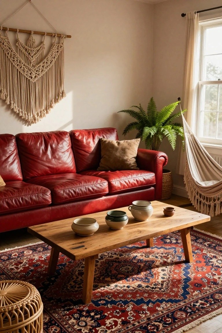 Living room interior with red leather sofa, wooden coffee table holding white and green ceramic bowls and cups, large beige macrame wall hanging, potted fern plant in hanging chair, and red Persian-style rug on floor.