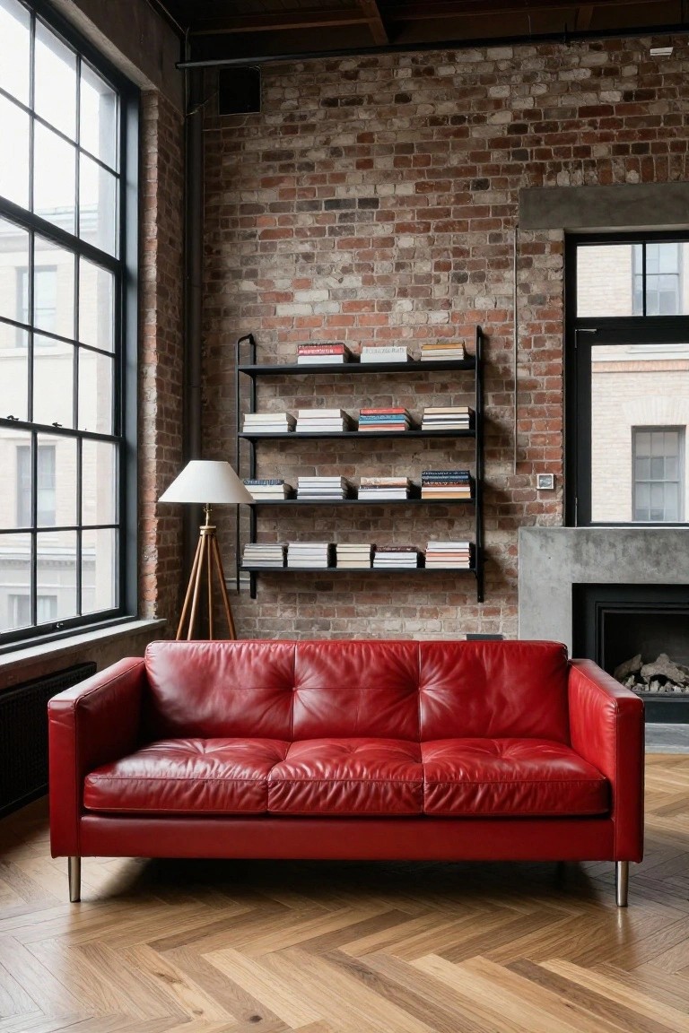 Red leather sofa in a loft living room with exposed brick walls, black metal bookshelves filled with books, large black-framed windows, tripod lamp, concrete fireplace, and herringbone wood floors.