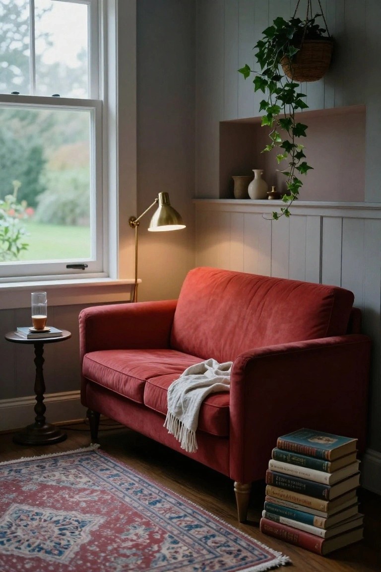 A red velvet two-seater sofa in a corner room with gray paneled walls, large window showing garden view, brass arc lamp, side table holding glass of coffee and books, stack of books on floor beside oriental rug, hanging ivy plant above niche shelf with vases.