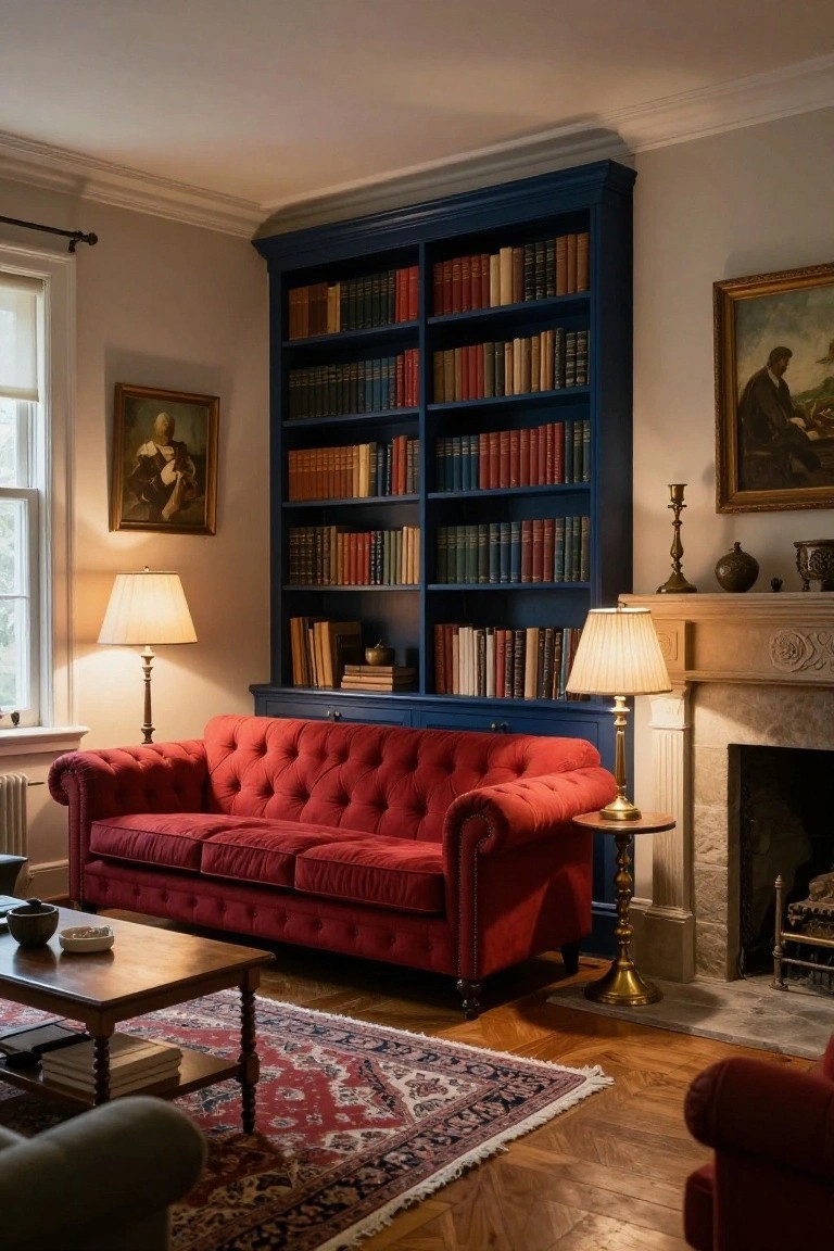Living room with red tufted sofa facing navy bookshelves, fireplace, table lamps, coffee table, and patterned rug on wood floor.