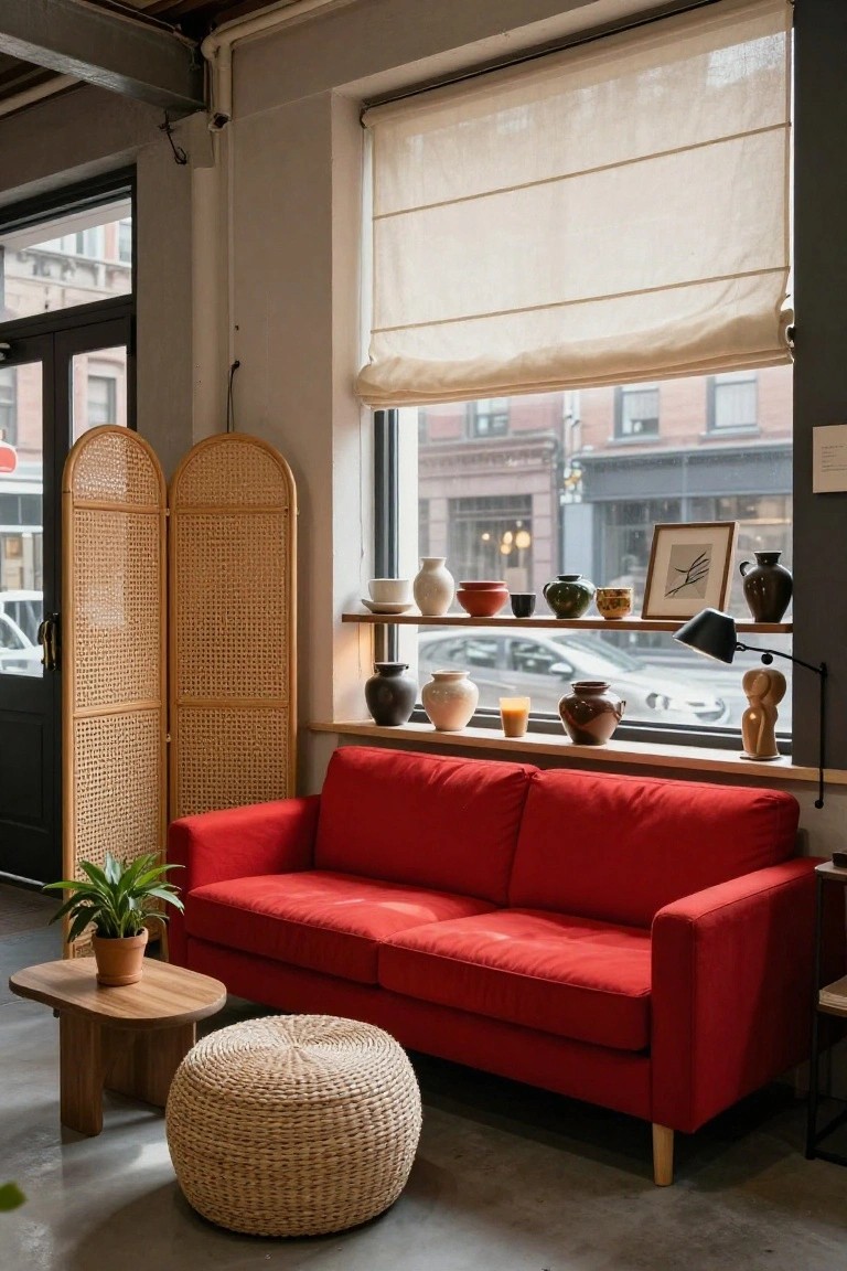 A red sofa in a loft interior with a rattan folding screen, woven pouf, wooden side table, potted plant, and various ceramic pots on a window shelf.