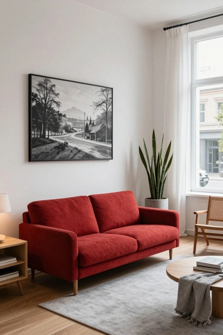 Bright living room with red fabric sofa, wooden side table and lamp, round wooden coffee table on gray rug, cane armchair, large snake plant in gray pot, and black-and-white framed landscape painting on white wall by window with sheer curtains.