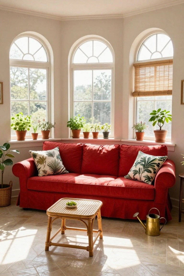 Sunroom with red tufted sofa, potted plants on windowsills, rattan coffee table holding bowl of green grapes, brass watering can on tiled floor, and trees visible through arched windows.
