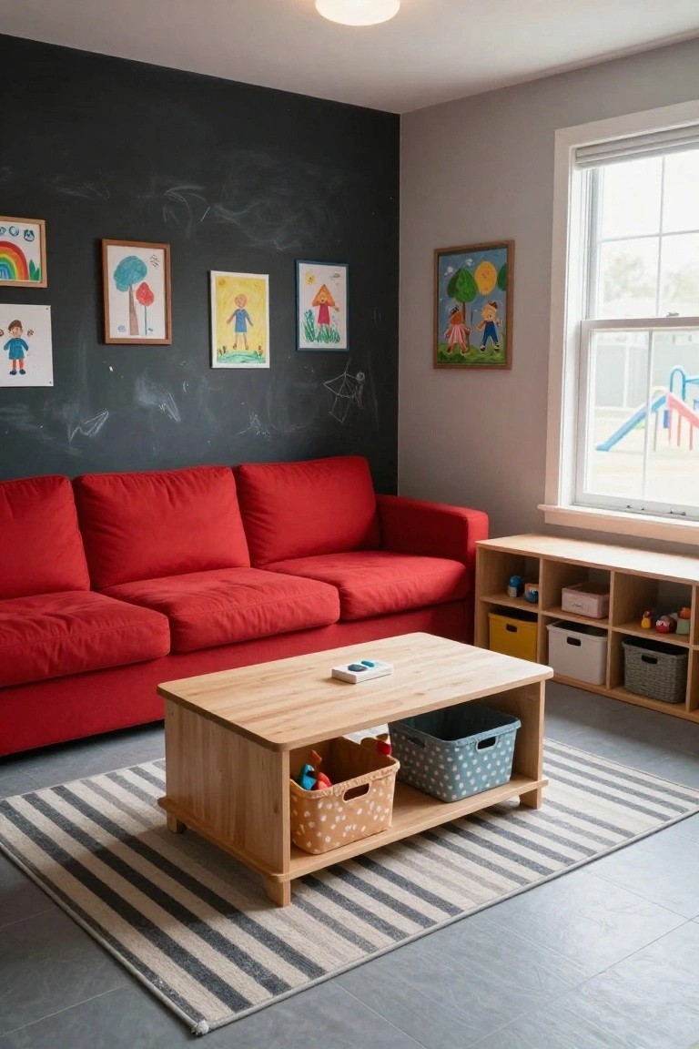 Children's playroom with red L-shaped sofa, wooden coffee table with toys and device, storage shelves and bins with toys, framed kids' artwork and chalkboard wall, window showing playground outside.