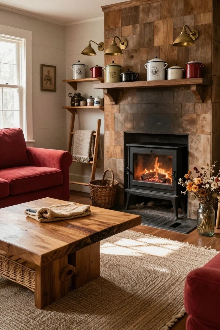 Living room with red sofa facing a lit wood-burning fireplace, wooden wall panels and shelves holding enamelware pots, wooden coffee table, ladder shelf, and woven rug.