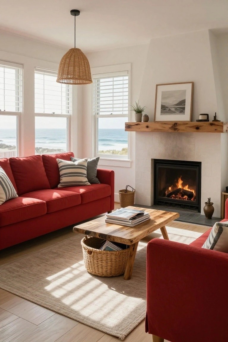 Living room with red sofas, wooden coffee table, rattan baskets, fireplace, potted plants, and large windows overlooking the ocean.