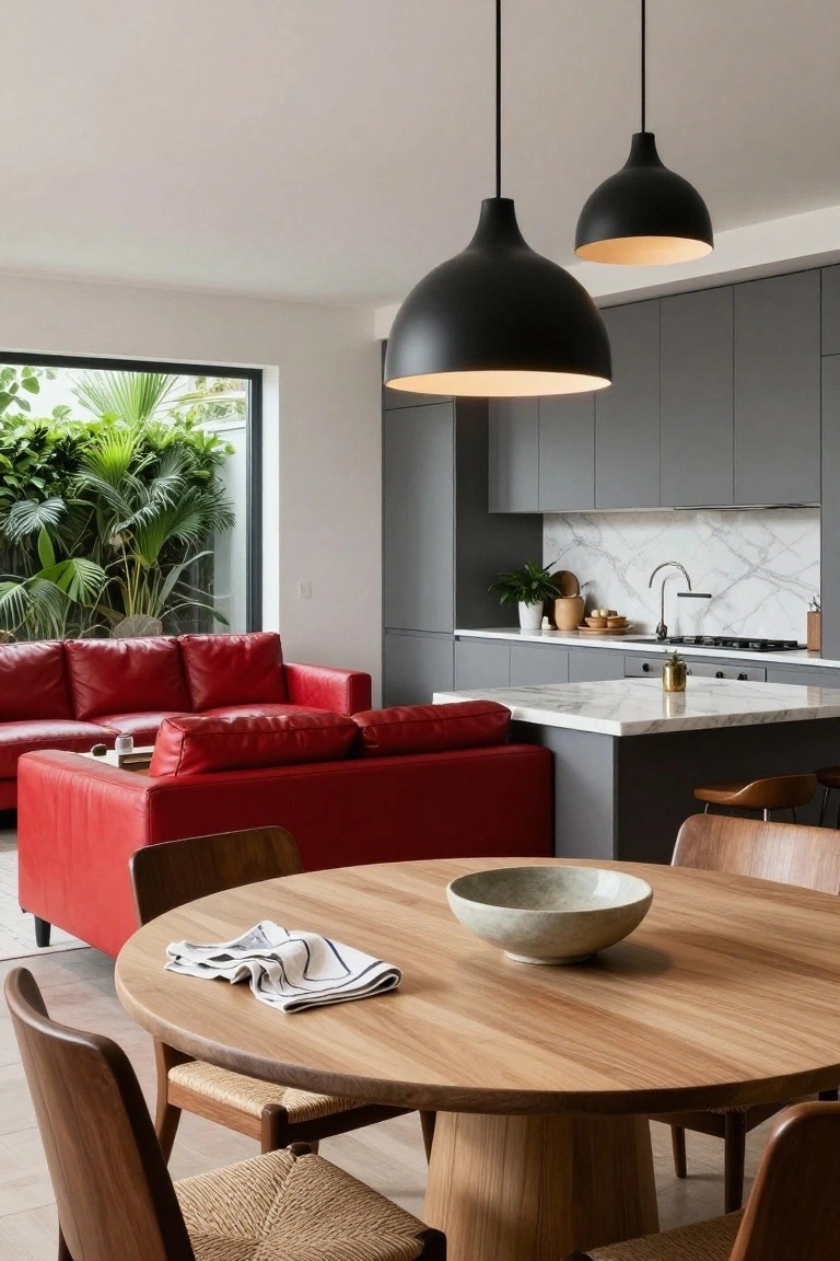 Open-plan modern interior with red leather sofa in living area next to grey kitchen cabinets, white marble counters and island, round wooden dining table with woven chairs, and black pendant lights.
