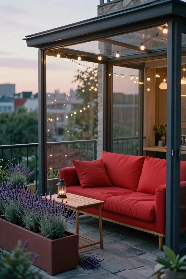 Cozy red sofa on a balcony with string lights and lavender plants.