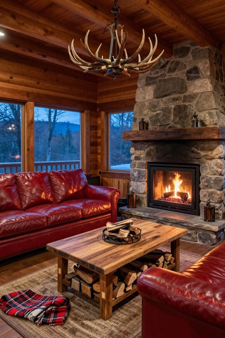Log cabin living room with two red leather sofas facing a lit stone fireplace, wooden coffee table with firewood, antler chandelier overhead, plaid throw on the floor, and large windows showing winter woods at dusk.