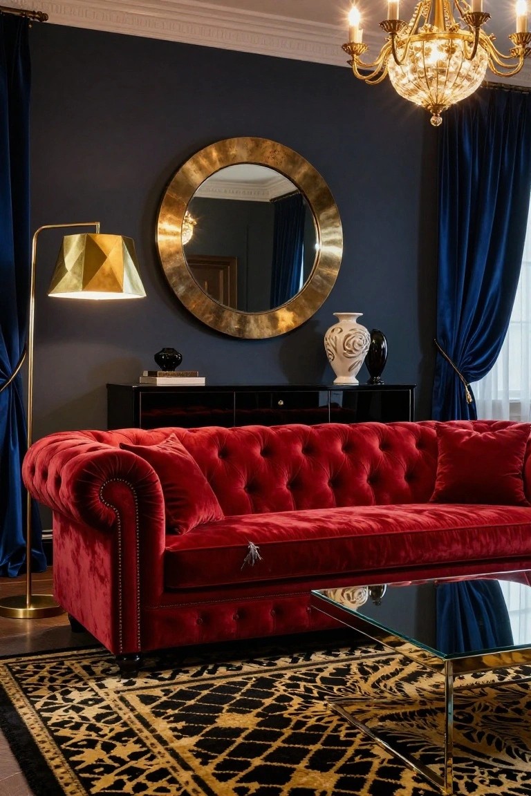 A red velvet tufted sofa in a living room with navy blue walls, gold chandelier, brass geometric floor lamp, round brass mirror, black credenza, white vase, and glass coffee table on a black and gold rug.