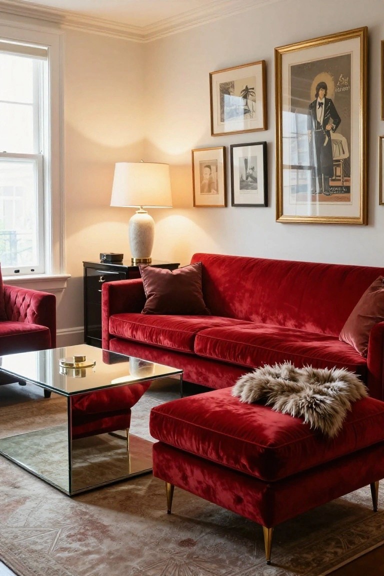 Living room corner with red velvet L-shaped sectional sofa, matching red tufted armchair, red velvet ottoman with fur throw, glass-topped mirrored coffee table, ceramic lamp on black cabinet, and assorted framed artwork on walls.